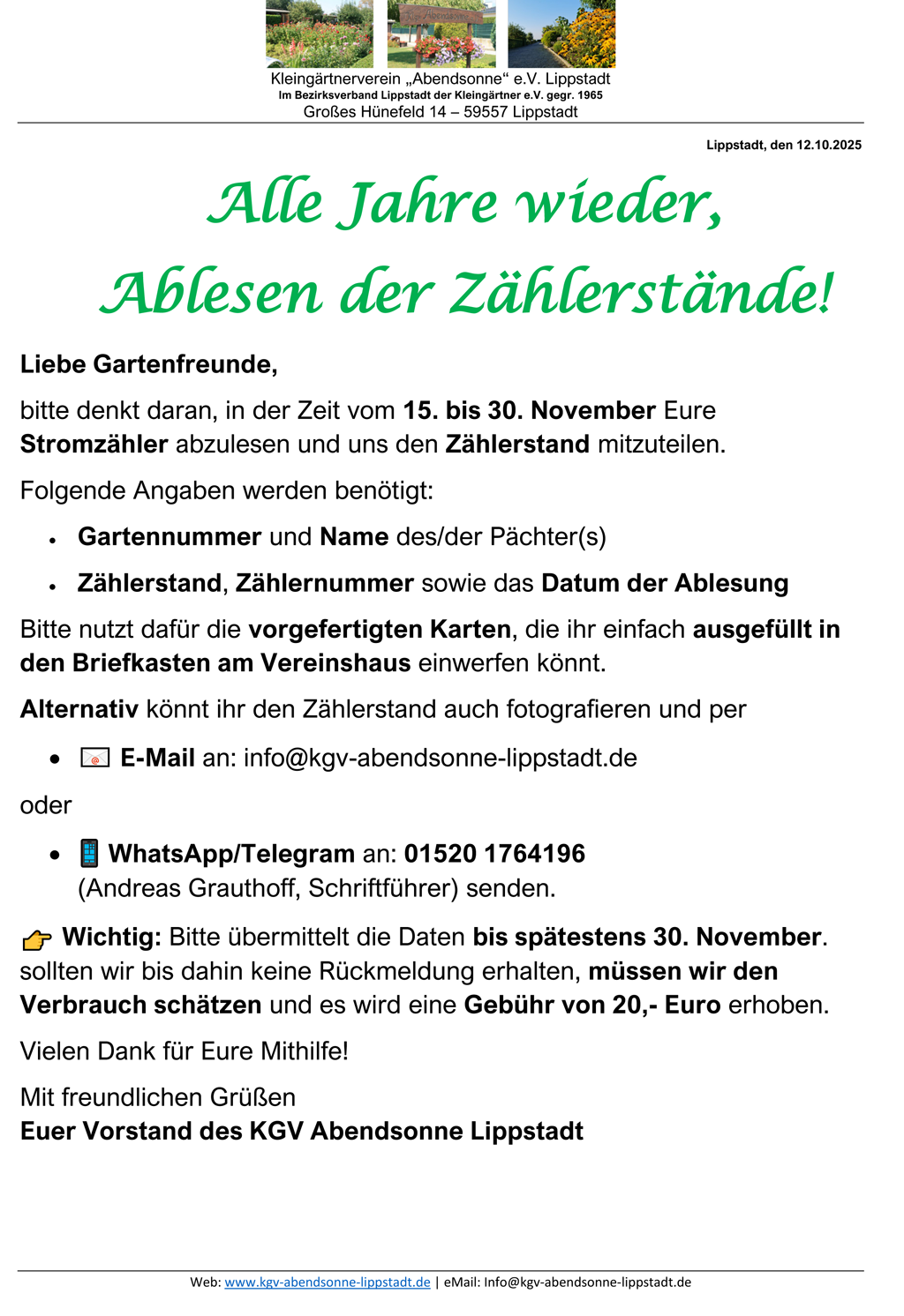 Ablesen der Zählerstände vom 15.11. bis 30.11.